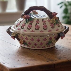 Vintage handpainted Floral Ceramic Basket with Handle